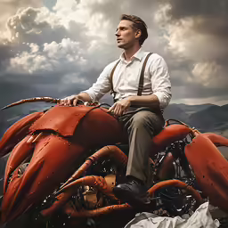 a man in suspenders sits on an orange object