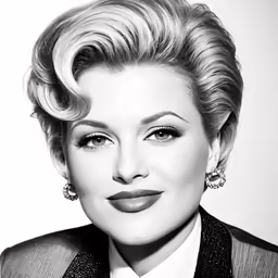 a black and white photo of a woman wearing a suit