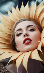 a woman with her hair in a large sunflower like thing