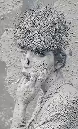 a woman wearing an elaborate hat covered in drops