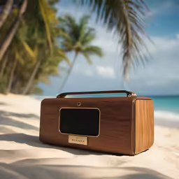 an old style radio on the beach in front of palm trees