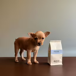 a small chihuahua puppy next to a brown bag