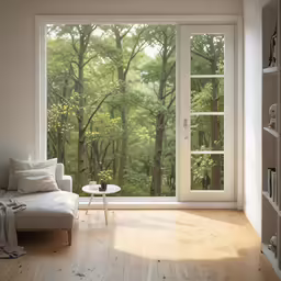 a large window with lots of trees in the background