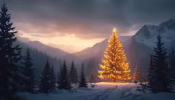 a lighted christmas tree in the middle of a snowy landscape