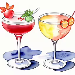 two glasses filled with cocktail on a white surface,a drawing of two alcoholic drinks with garnish on the rim,two cocktail drinks on a painted surface are next to each other,two colorful drinks with oranges and cherries,two alcoholic drinks on a white background, one with orange and the other containing fruit