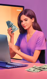 a beautiful young lady sitting in front of a laptop computer,the girl in purple is holding a dollar note