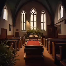 the inside of an old church with pool tables and pews