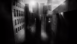 buildings are reflected in the water with a dark sky behind them