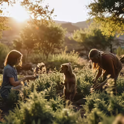 two people with an animal in the middle of trees