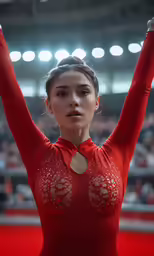 a woman in red performing on a red carpet