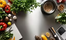 a table with lots of different food and kitchen items