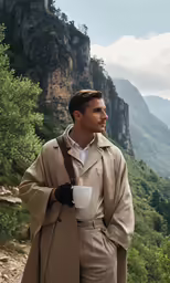 a man wearing a trench coat and gloves with a cup of coffee in his hand