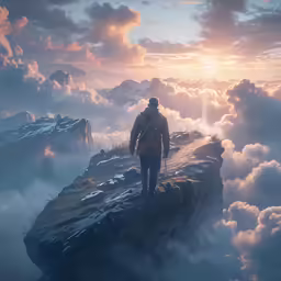 man with ski poles looking out over clouds above