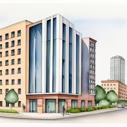 watercolor painting of a building and street in front of trees,a drawing of a large building and trees on a road,a large office building is shown in a drawing,an illustrated picture shows a building in the center of a street,the painting shows the buildings and trees in the city