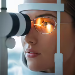a woman with a blindfold and eye glasses is looking through a telescope
