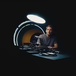 a man in a grey shirt sits behind the table at a recording studio