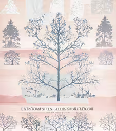 four different tree types are shown in blue on a beige and white background,a tree is shown with different types of trees in front of it