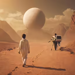 two people stand in a desert looking at an object