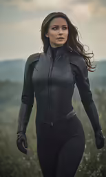 the woman is walking outside wearing black and grey