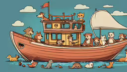 this is an image of a cartoon ship full of animals,a cartoon of a noah ship with animals inside