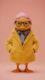 a plush toy duck wearing glasses and a coat