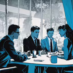 the people are sitting around the table talking,a group of people sitting around a table in a business meeting