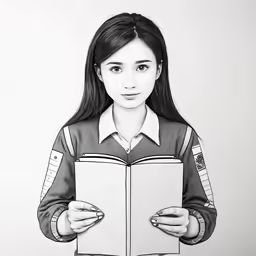 the girl is holding two books while looking at something