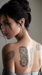 woman wearing a silver dress has a large tattoo on her back
