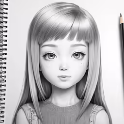 a sketchbook is open showing a pencil drawing of a little girl