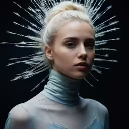 a blonde woman with white feathers on her hair