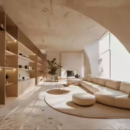 the large living room is situated in a curved space with large windows