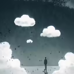 a man standing on a walkway between two clouds