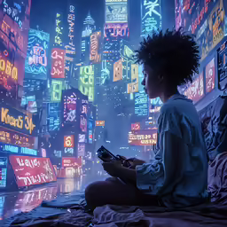a child sits in front of neon signs at night