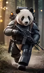 a panda bear dressed in armor holding a gun