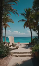 an empty chair on a pathway under palm trees