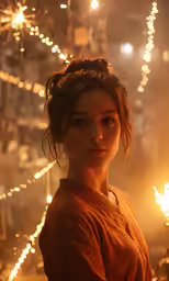 a woman in a brown top looking at the camera with her hair in the air