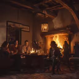 some people are sitting around a table by the fire place