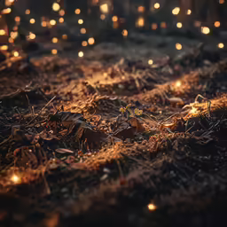 the scene features a patchy surface with small yellow flowers, some glowing, and a single single stem of flowers