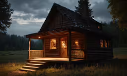 an old cabin at night with a porch and steps to the outside,there is a log cabin in the dark