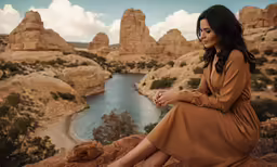 a woman in a tan dress sitting on top of a rock formation