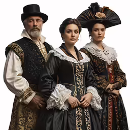 four people in renaissance dresses are standing together