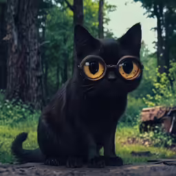 a black cat with bright glasses and green grass in the background