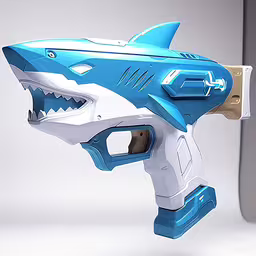 an image of a toy shark like gun,a blue and white toy gun like a shark