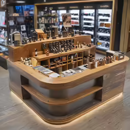 a shop with wooden shelves and counter containing many cell phones