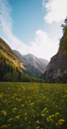 a field full of green grass and yellow flowers with mountains in the background