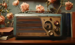 old radio on wooden shelf in decorated room
