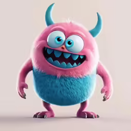 the pink and blue monster has big teeth