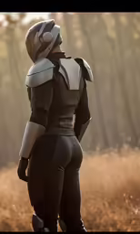 a futuristic lady standing on a field next to tall grass