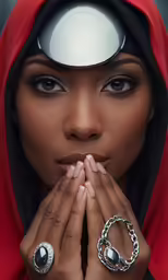 a black woman in a red hoodie has two rings around her face