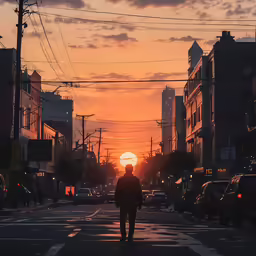 a person walking on a city street with the sun setting